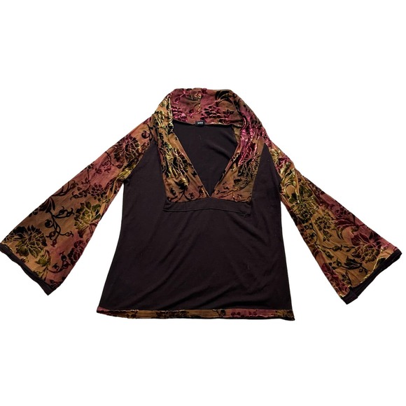 Italian vintage velour flare sleeve paisley brown autumn fall top size L - Picture 2 of 4